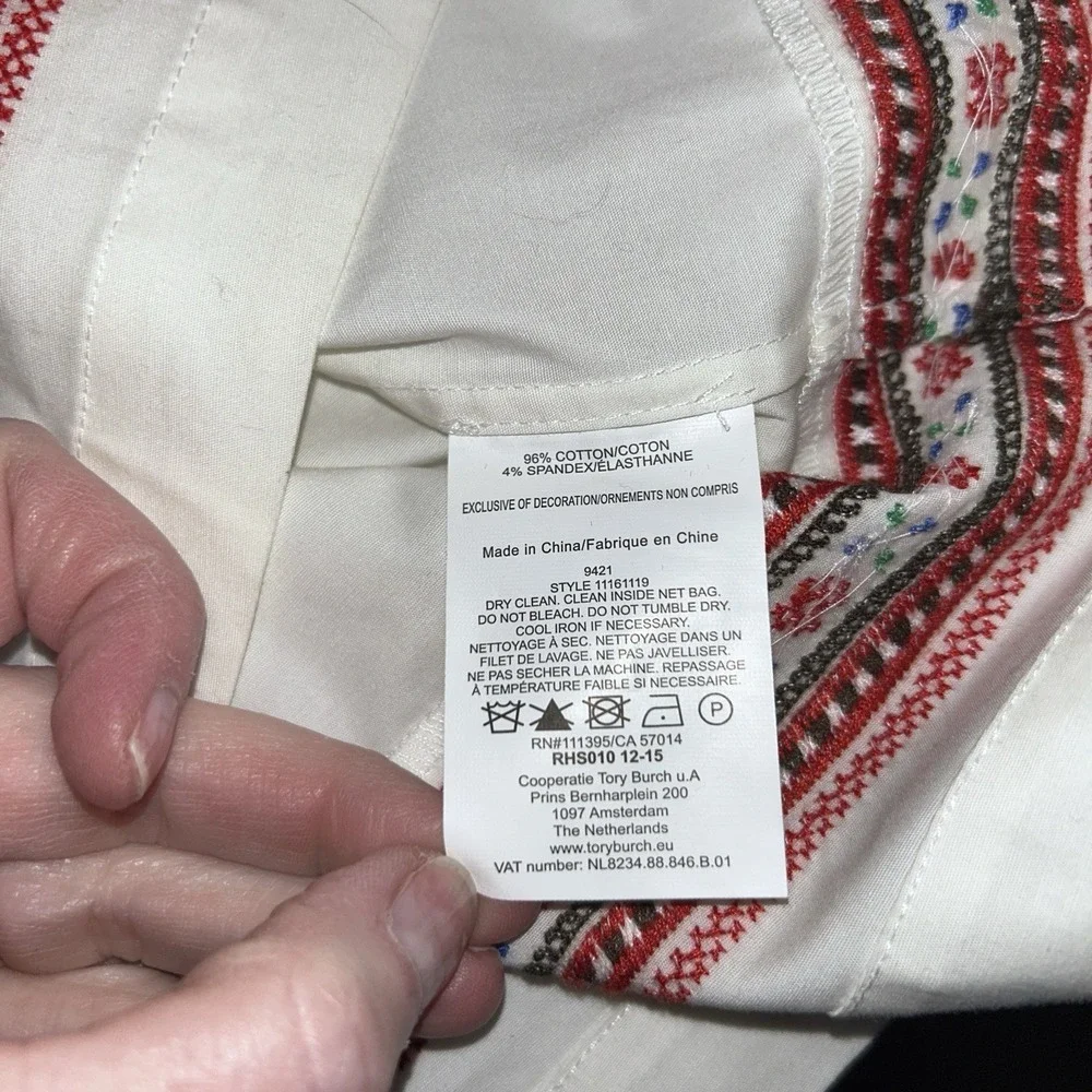 Tory Burch white poplin/red embroidery popover blouse, Size 0